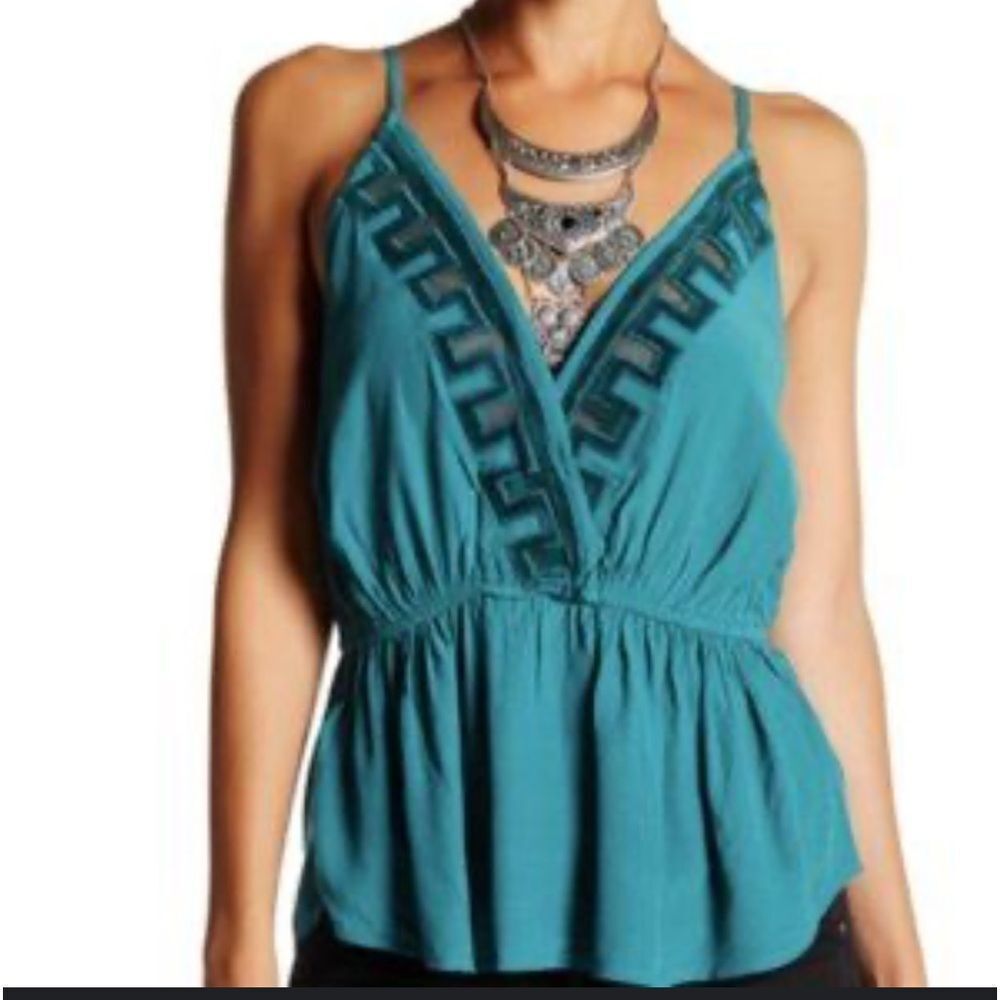 Free People | Peplum Curtain Style Tank Top Green Teal Mesh Velvet Strappy XS